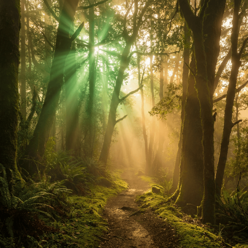 Sunbeams piercing through tall, mossy trees over a dirt path in a lush green forest.
