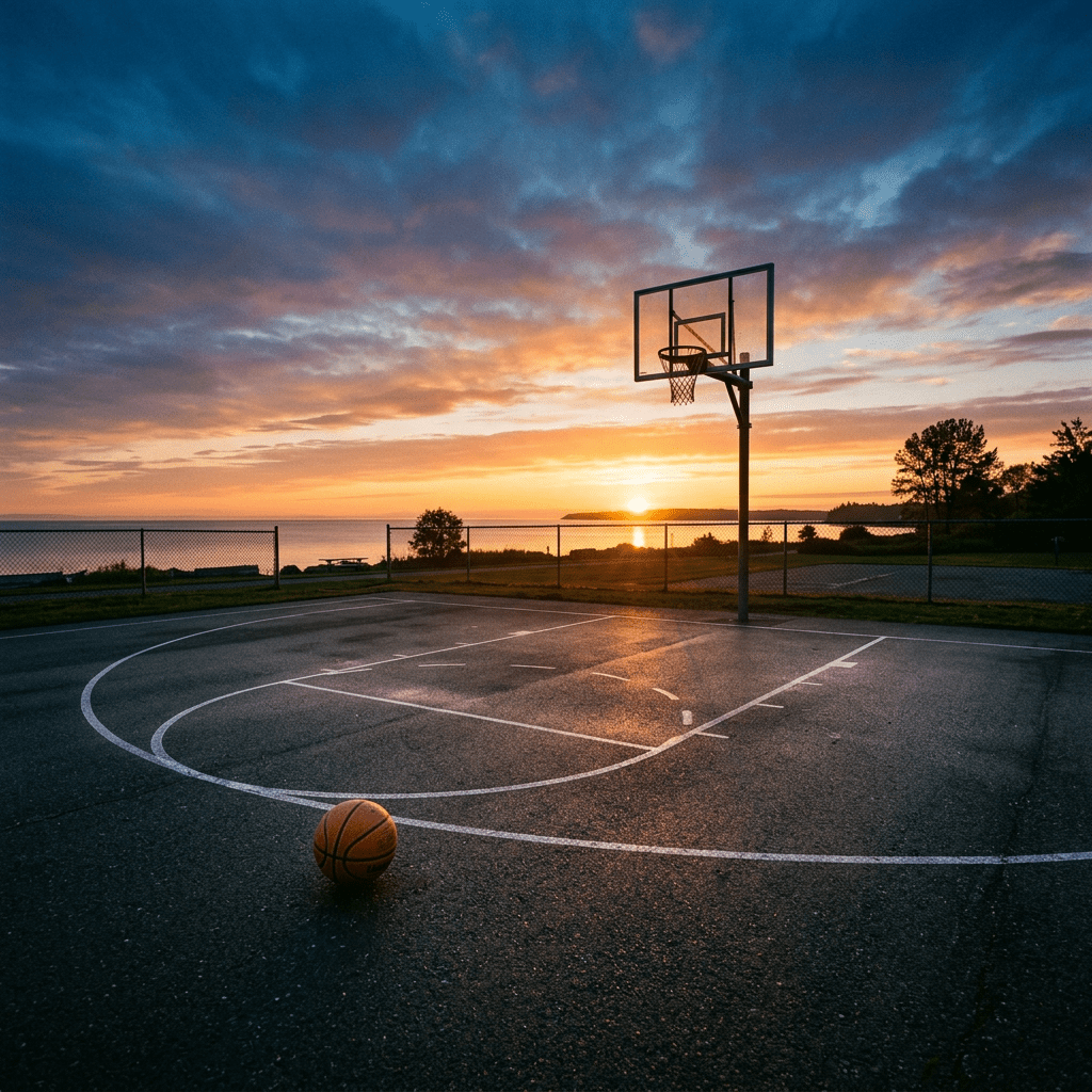 Outdoor basketball court with ball on ground and sunset over water