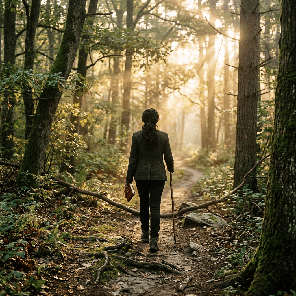 Woman walking through a sunlit forest with a book and walking stick